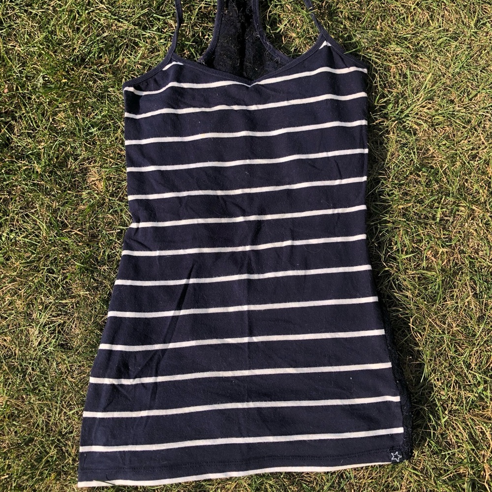 Vintage Garage Navy and White Striped Tank with Lace Back